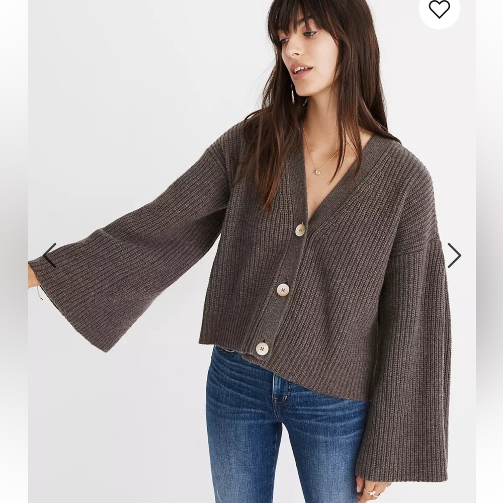 Madewell Wide Sleeve Merino Wool Brown Crop Sweater Cardigan